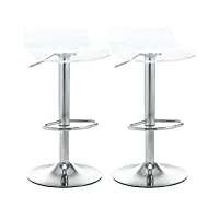 homcom lot de 2 tabourets de bar design contemporain assise acrylique et piètement métal - pivotant 360° - hauteur réglable avec repose-pieds - transparent