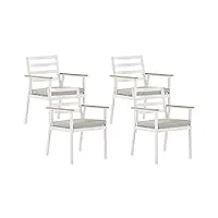 lot 4 chaises de jardin en aluminium blanc avec coussins beigeet accoudoirs effet bois parfaites pour 4 personnes et extérieur scandinave