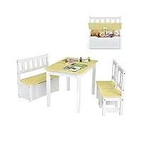 costway table multifonctionnelle enfants avec 2 chaises et 1 banc de rangement, table d’activités en bois avec design ergonomique pour jouer dessiner lire et manger, 70 x 48 x 51 cm (naturel)