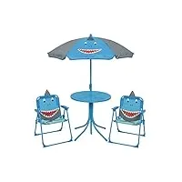 salon de jardin 4 pièces avec table et chaises motif requin bleu