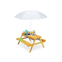 relaxdays table de jardin pour enfants, en bois, bacs pour jouer avec l eau et le sable, parasol inclus, orange