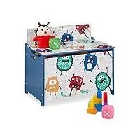 relaxdays coffre à jouets, motif monstres, malle de jeux avec couvercle, hlp : 50x60x36,5 cm, mdf, rangement, bleu/blanc