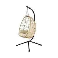 bakaji fauteuil suspendu de jardin, chaise balançoire hamac d'extérieur structure en métal nid en rotin et corde + coussin rembourré et appuie-tête design moderne 198 x 110 x 95 cm (beige)