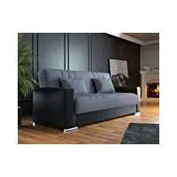 dmora - canapé sergio, canapé conteneur 3 places en éco-cuir et tissu, canapé de salon avec ouverture clic-clac et 2 coussins inclus, cm 230x96h101, noir et gris