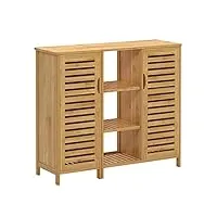 sogesfurniture meuble de rangement en bambou, armoire de salle de bain avec 3 Étagères et 2 portes à persiennes, pour salle à manger, salon, cuisine, 100 x 33 x 87 cm