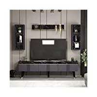 homidea karya ensemble de salon – meuble tv – banc tv en bois avec 3 portes et étagères murales au design moderne pour le salon (anthracite/marbre)
