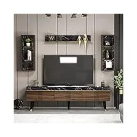 homidea karya ensemble de salon – meuble tv – banc tv en bois avec 3 portes et étagères murales au design moderne pour le salon (noyer/marbre)