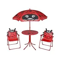 wakects table de pique-nique pour enfants avec 2 chaises pliantes et parapluie, set table et chaises pour enfants de jardin court, acier et tissu, rouge
