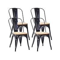 duhome chaise de salle à manger en métal lot de 4, chaise de cuisine empilable chaise de jardin avec dossier pour bar café salon restaurant intérieur et extérieur, noir + bois clair