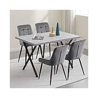 ofcasa lot de 4 tables de salle à manger et chaises en bois industriel avec pieds en métal en forme de x et 4 chaises en velours gris avec accoudoirs 46 places pour la cuisine, la maison, le marbre