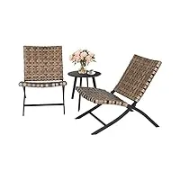 grand patio ensemble table et chaises de jardin, 2 chaise pliable 1 table basse, osier résistant aux intempéries, meuble de jardin pour intérieur, extérieur(brun tabac)