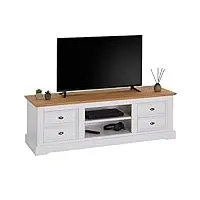 idimex meuble tv kent banc télévision en pin massif lasuré blanc et brun 144 x 46 x 45 cm, avec 4 tiroirs et 2 niches