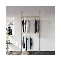 pamo tringle à vêtements design loft industriel – kim i double gold - penderie pour garde-robe mural i, porte-manteau pour chambre à coucher en tubes noirs robustes pour montage mural