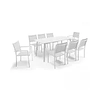 oviala table de jardin aluminium et pierre, 6 chaises et 2 fauteuils blanc