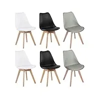 eggree lot de 6 chaises de salle à manger avec pieds en bois de hêtre massif, design scandinave, avec assise rembourrée douce, 2 blanc+ 2 gris+ 2 noir