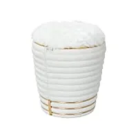 qiyano pouf - pouf - pouf - repose-pieds rond en tissu peluche doux - blanc crème avec fourrure synthétique moelleuse - décoration intérieure - ornement en cuir synthétique doré - hauteur : environ 50