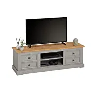 idimex meuble tv kent banc télévision en pin massif lasuré gris et brun 144 x 46 x 45 cm, avec 4 tiroirs et 2 niches