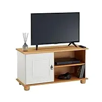 idimex meuble tv belfort banc télé de 94 cm en bois avec 1 porte et 2 niches, en pin massif lasuré blanc et brun