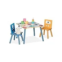 relaxdays set table & 2 chaises enfants, table enfant avec 2 chaises, garçon & fille, mdf & bois, coin salon multicolore