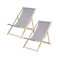 lot de 2 chaises longues pliantes traditionnelles en bois pour la plage/le jardin - chaise longue longue réglable - chaise longue pliante avec tissu en toile de couleur graphite