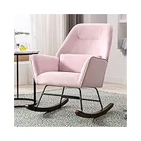 fauteuil à bascule en velours rembourré avec support lombaire, conception de protège-cou, fauteuil allaitement à structure en métal, chaise a bascule pour salon, balcon, chambre d'enfant, rose