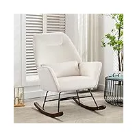 fauteuil à bascule en velours rembourré avec support lombaire, conception de protège-cou, fauteuil allaitement à structure en métal, chaise a bascule pour salon, balcon, chambre d'enfant, blanc