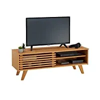 idimex meuble tv sean banc télé de 115 cm au design vintage avec 4 niches et 1 porte coulissante ajourée, en pin massif à la finition teintée/cirée