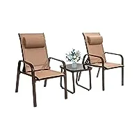 goplus 3 pcs ensemble de bistrot d'extérieur 3,chaises empilables de terrasse avec dossier réglable et table basse en verre rrempée, pour salon de jardin, idéal pour patio jardin terrace (marron)