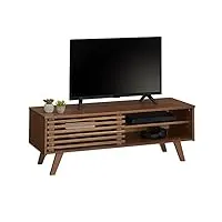 idimex meuble tv sean banc télé de 115 cm au design vintage avec 4 niches et 1 porte coulissante ajourée, en pin massif lasuré brun foncé