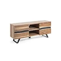 meuble tv coloris naturel en en bois d'acacia massif et acier - longueur 160 x profondeur 43 x hauteur 65 cm -pegane-
