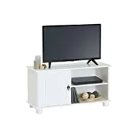 idimex meuble tv belfort banc télé de 94 cm en bois avec 1 porte et 2 niches, en pin massif lasuré blanc