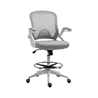 vinsetto fauteuil de bureau chaise de bureau assise debout hauteur réglable repose-pieds accoudoir rabattable pivotant 360° maille respirante dim. 64l x 60l x 106-126h cm gris et blanc