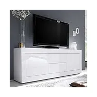 meuble tv moderne 2 portes en bois blanc laqué brillant - milan - l 210 x l 43 x h 66 cm