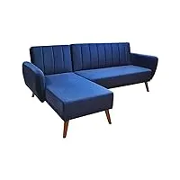meubletmoi canapé d'angle 3 places convertible dossier capitonné en velours bleu et piètement en bois - style scandinave - ursule