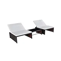 inlife lot de 2 chaises longues avec table en polyrotin marron 3068