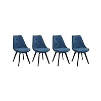 happy garden lot de 4 chaises de salle à manger nora velours bleu avec coussin, chaises de cuisine, chaises rembourrées, pieds noirs en bois de hêtre massif