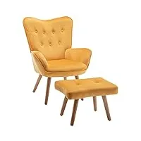 hollyhome fauteuil chaise scandinaves, chaise longue relax en velours avec repose-pieds, fauteuil de salon chaise de lecture pour chambre à coucher, jaune