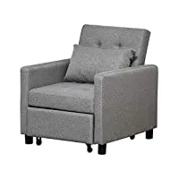 homcom fauteuil chauffeuse canapé-lit convertible 1 place dossier inclinable à 3 positions avec accoudoirs coussins conforts gris