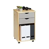 idimex caisson de bureau kano, meuble de rangement sur roulettes avec 2 tiroirs et 1 niche, en pin massif naturel et gris