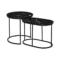 homcom lot de 2 tables basses tables d'appoint gigognes en métal et plateau mdf aspect marbre - table ronde et ovale - noir