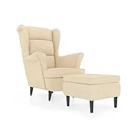 vidaxl fauteuil à oreilles avec tabouret chaise de relaxation siège de salon meuble de salle de séjour maison intérieur crème velours
