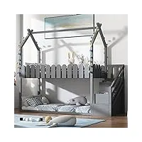 gfm lit de maison avec 3 escaliers et 2 tiroirs avec clôture, lit superposé, lit bébé gris et blanc