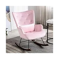 fauteuil à bascule en velours rembourré avec support lombaire, chaise a bascule scandinave à structure en métal et pieds en bois, fauteuil allaitement pour salon, balcon, chambre d'enfant, rose