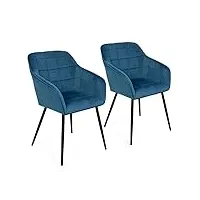 idmarket - lot de 2 chaises de salle à manger mady en velours bleu canard avec accoudoirs