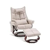 m mcombo 9076 fauteuil relax moderne avec pouf, fauteuil tv, pivotant avec fonction chaise longue, avec coussin et poche latérale, microfibre aspect cuir, blanc