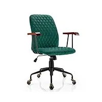 costway fauteuil de bureau à roulette en velours, chaise pivotante réglable,style vintage elégant,accoudoirs en bois de caoutchouc (vert)