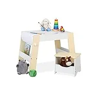 relaxdays tabouret et table enfants, bureau et siège, jeux et rangement, rouleau papier dessin, set table, blanc - beige