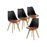eggree lot de 4 chaises salle à manger scandinaves sgs tested chaises de cuisine rembourrée en cuir pu chaise de bureau con pieds en bois de hêtre massif, noir & marron