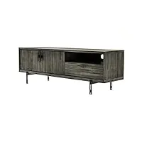 meuble tv en bois d'acacia massif cendré avec piètement en métal noir 2 portes et 1 tiroir - style industriel - kubi