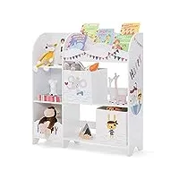 dreamade coffre à jouets enfant 93x30x102cm,meuble de rangement enfant en bois 2 tiroirs en tissu&3 Étagères&5 compartiments,bibliothèque enfant avec dispositif anti-basculement (animaux)